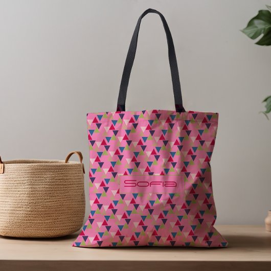 Abstracte driehoekspatroon naam roze canvas tas