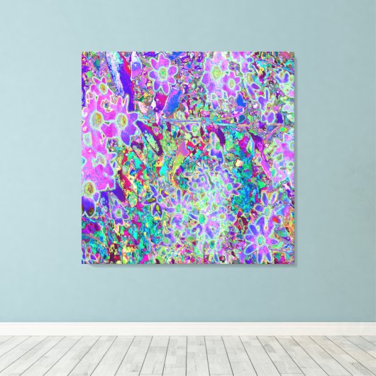 Abstracte drippige roze en paarse bloemen canvas afdruk (Insitu (Houten vloer))