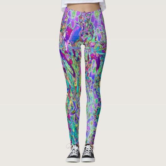 Abstracte drippige roze en paarse bloemen leggings (Voorkant)