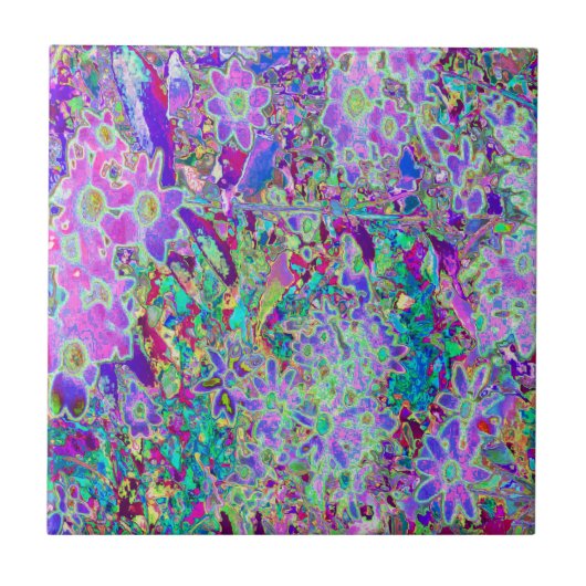 Abstracte drippige roze en paarse bloemen tegeltje (Voorkant)