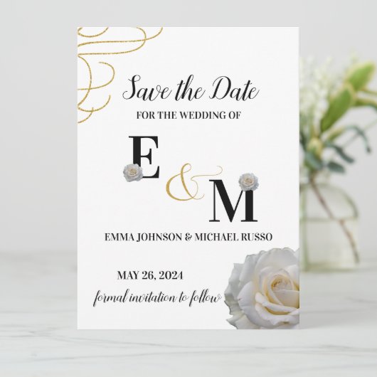 Abstracte eenvoudige witte roos letters bruiloft save the date (Staand voorkant)
