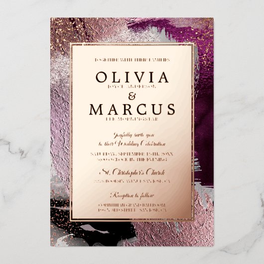 Abstracte Elegant Gold Cassis Plum Bruskes Folie Uitnodiging (Voorkant)