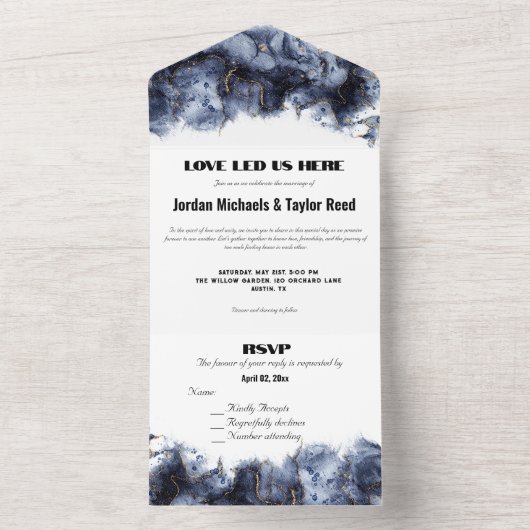 Abstracte Elegantie LGBTQ Deep Blue Gold Marmer All In One Uitnodiging (Binnen)