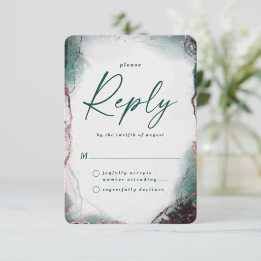 Abstracte Emerald Green Wedding RSVP Reageer Kaart (Staand voorkant)