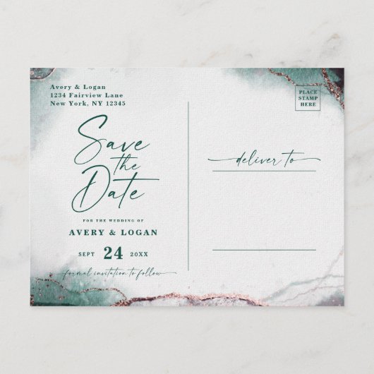 Abstracte Emerald Green Wedding Sla de datum op Aankondigingskaart (Achterkant)