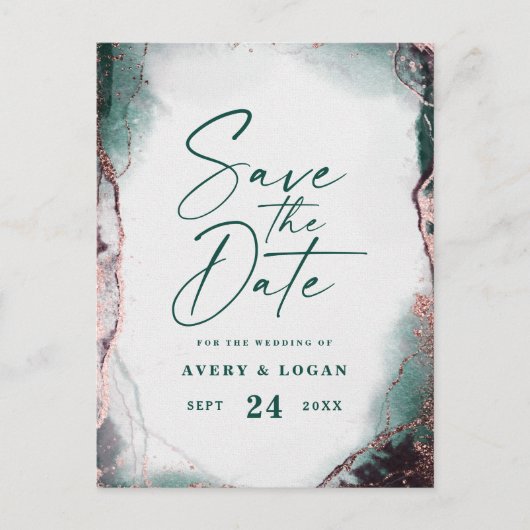 Abstracte Emerald Green Wedding Sla de datum op Aankondigingskaart (Voorkant)