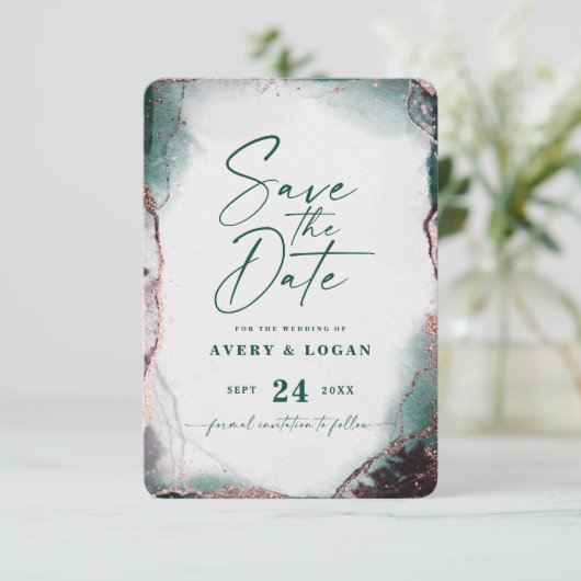 Abstracte Etherale Waterverf Emerald Wedding Save The Date (Staand voorkant)