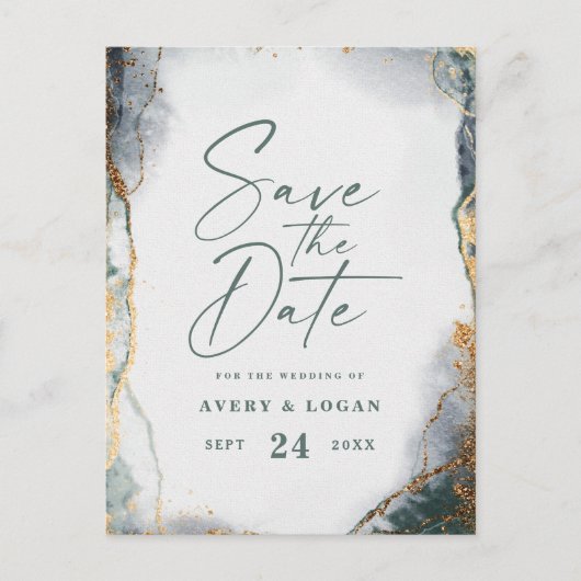 Abstracte etherische groene gouden bruiloft save t aankondigingskaart (Voorkant)