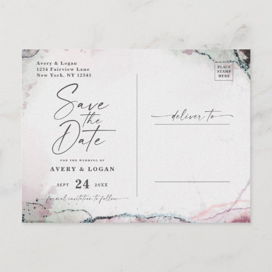 Abstracte etherische lavendel bruiloft save the da aankondigingskaart (Achterkant)