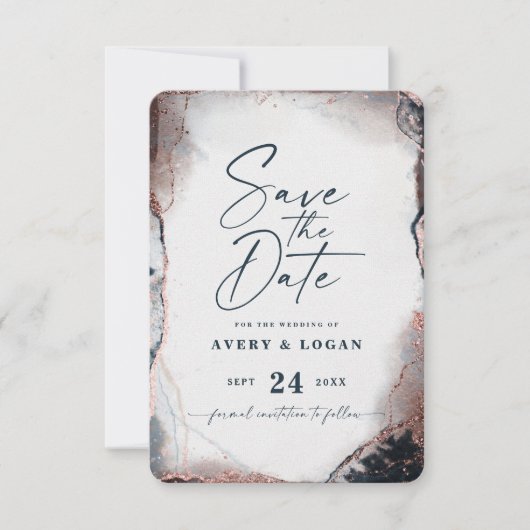 Abstracte etherische marine en Roos Gold Wedding Save The Date (Voorkant)