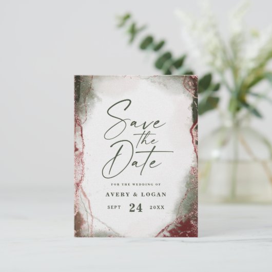 Abstracte etherische terra rosa bruiloft save the  aankondigingskaart (Staand voorkant)