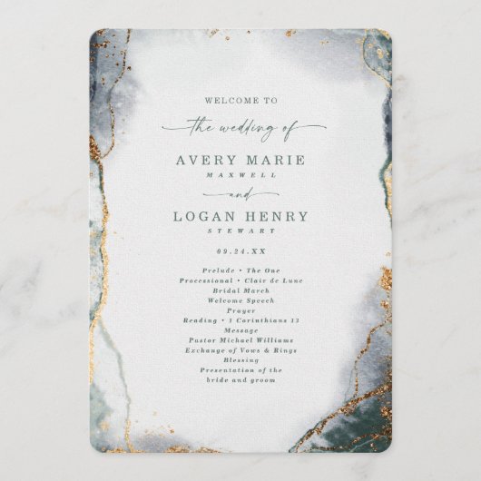 Abstracte eucalyptus groene huwelijksceremonie programmakaart (Voorkant)