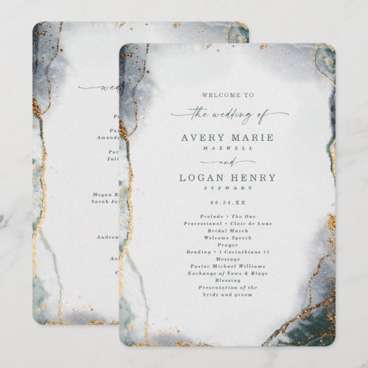 Abstracte eucalyptus groene huwelijksceremonie programmakaart (Voorkant / Achterkant)