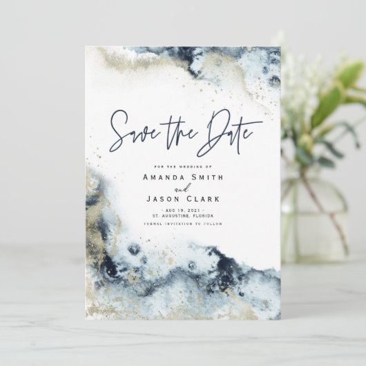 Abstracte Faux Gold Navy Waterverf Bespaar op datu Kaart (Staand voorkant)