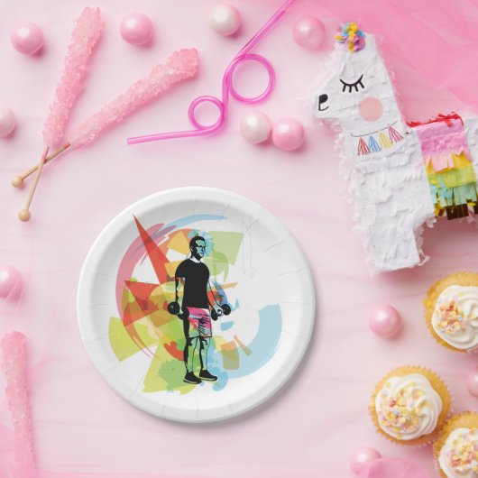 Abstracte Fitness Kunst van het Man Heffen Dumbbel Papieren Bordje (Feest)