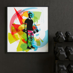 Abstracte Fitness Kunst van het Man Heffen Dumbbel Poster