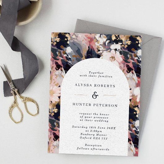 Abstracte Floral Arch Wedding met Blush & Navy Kaart