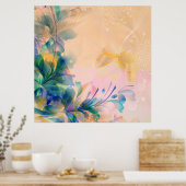 Abstracte Floral Background Blue en beige Poster (Keuken)
