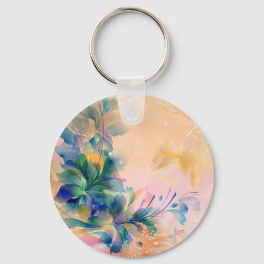 Abstracte Floral Background Blue en beige Sleutelhanger (Voorkant)
