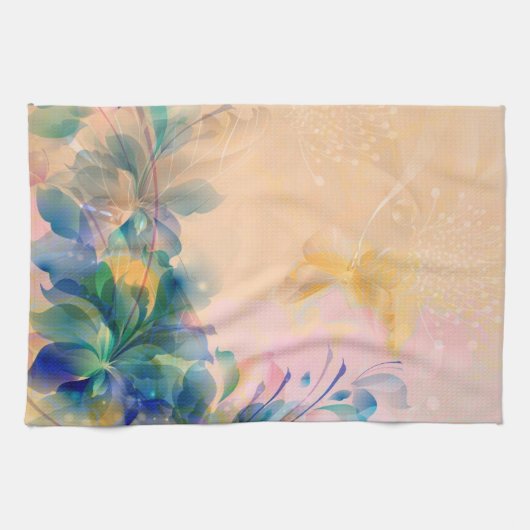 Abstracte Floral Background Blue en beige Theedoek (Horizontaal)