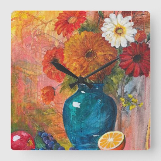 Abstracte Floral Clock Vierkante Klok (Voorkant)