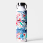 Abstracte  Floral en Deer Art Monogrammen Waterfles<br><div class="desc">bloem- en camouflaged blauwe herten kunst met optioneel monogram.</div>