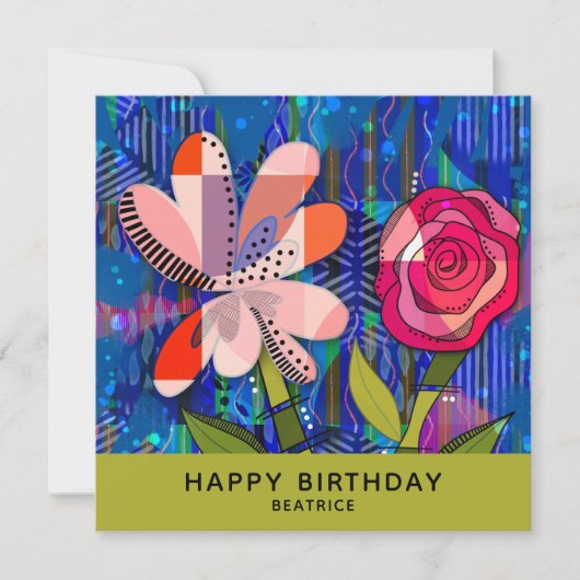 Abstracte Floral Happy Birthday Custom Message Kaa Kaart (Voorkant)