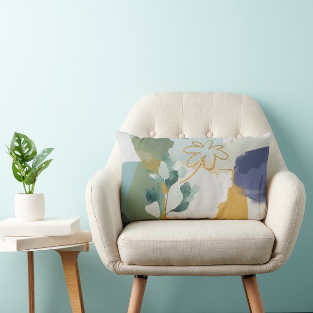 Abstracte Floral in Blue, Sage Gold Lumbar Pillow Kussen (Stoel)