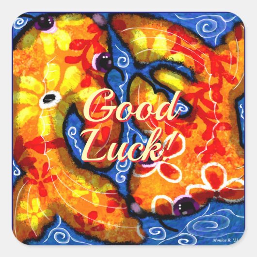 Abstracte Floral Koi Fish Good Luck Wenskaart Vierkante Sticker (Voorkant)