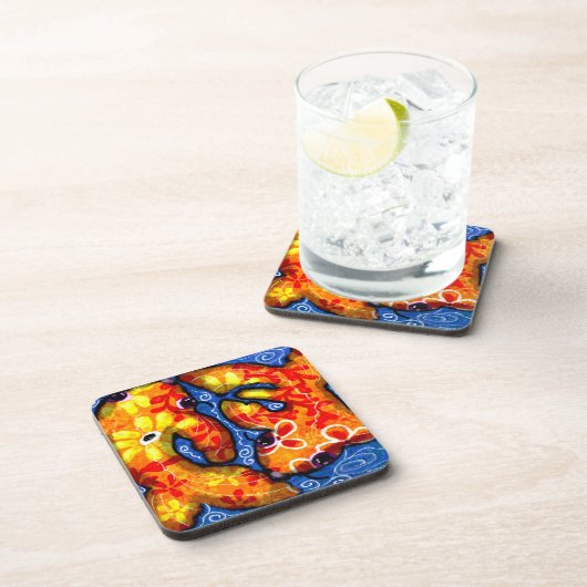 Abstracte Floral Koi Vis Sinaasappel Geel Rood Bla Bier Onderzetter (Rechterzijde)