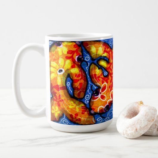 Abstracte Floral Koi Vis Sinaasappel Geel Rood Bla Koffiemok (Met donut)