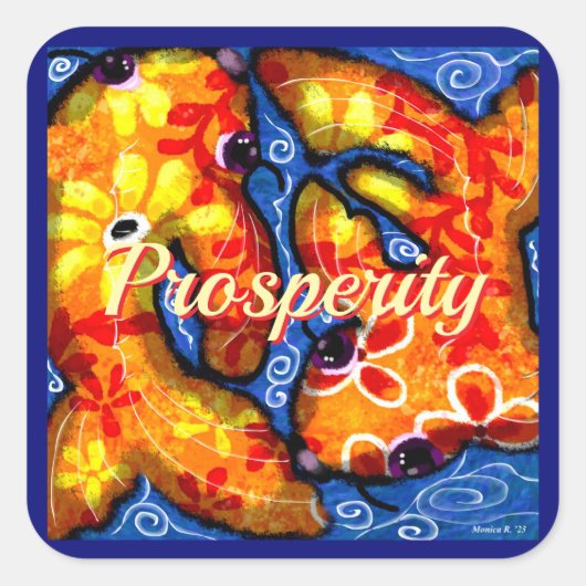 Abstracte Floral Koi Vis Sinaasappel Geel Rood Bla Vierkante Sticker (Voorkant)