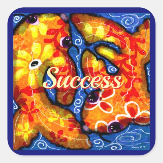 Abstracte Floral Koi Vis Sinaasappel Geel Rood Bla Vierkante Sticker (Voorkant)