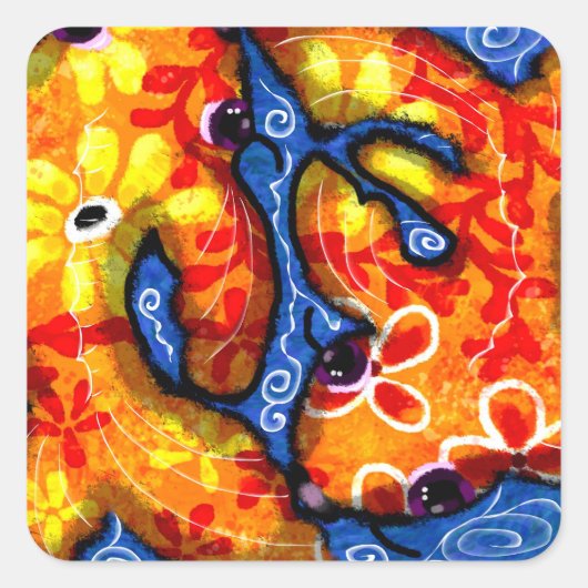 Abstracte Floral Koi Vis Sinaasappel Geel Rood Bla Vierkante Sticker (Voorkant)