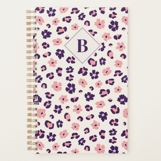 Abstracte Floral Leopard Animal Print Monogram Planner (Voorkant)