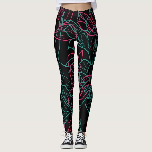 Abstracte Floral Line Art Pattern Design Leggings (Voorkant)