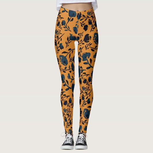 Abstracte Floral Mustard en Blue Chic-Leggings Leggings (Voorkant)