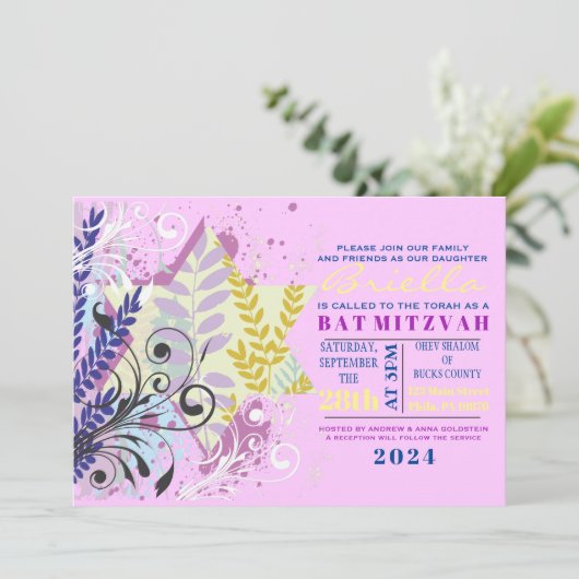 ABSTRACTE FLORAL STAR Bat Mitzvah Uitnodiging (Staand voorkant)