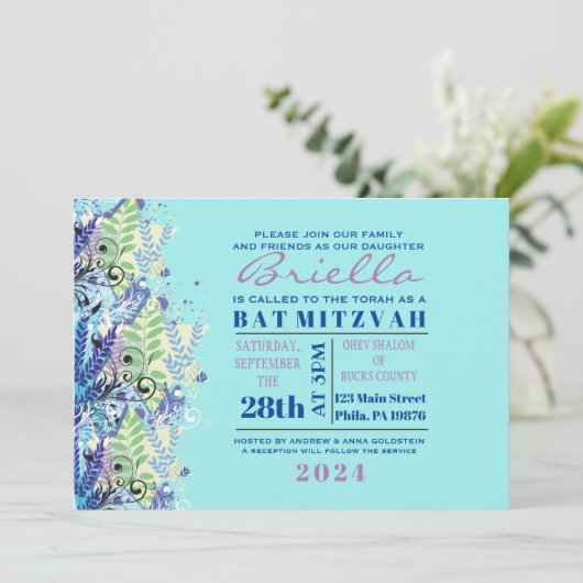 ABSTRACTE FLORAL STAR Turquoise Invitation Kaart (Staand voorkant)