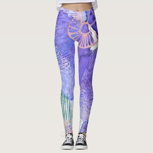 Abstracte florale bedrukte paarse leggings (Voorkant)