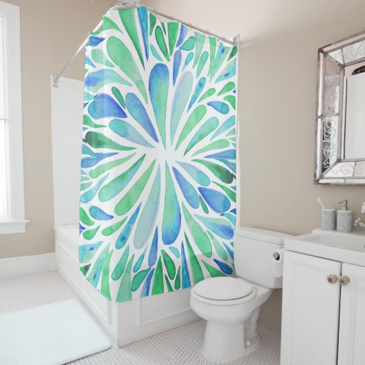 Abstracte florale waterverf barst aqua en blauw douchegordijn (In situ)