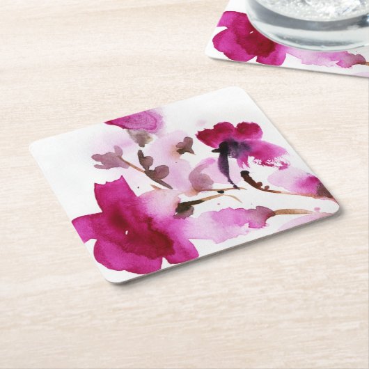 Abstracte florale waterverf schilderijen 4 kartonnen onderzetters (Schuin)