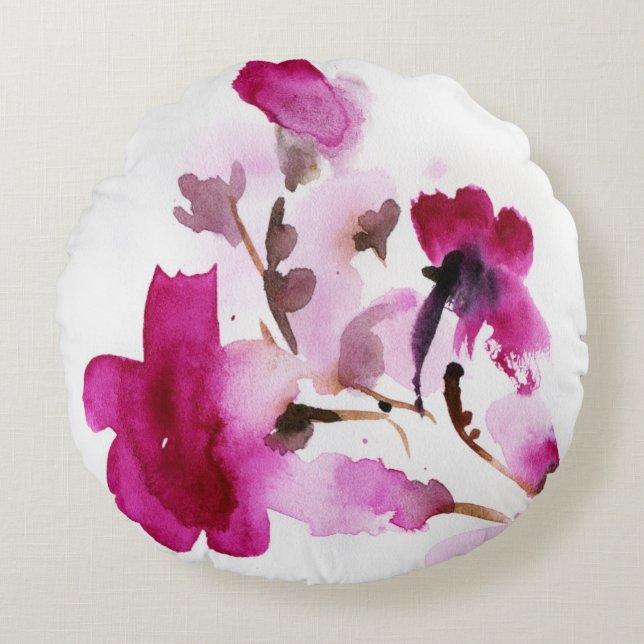 Abstracte florale waterverf schilderijen 4 rond kussen (Voorkant)