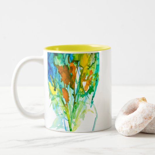 Abstracte florale waterverf tweekleurige koffiemok (Met donut)