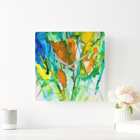 Abstracte florale waterverf vierkante klok (Huis)