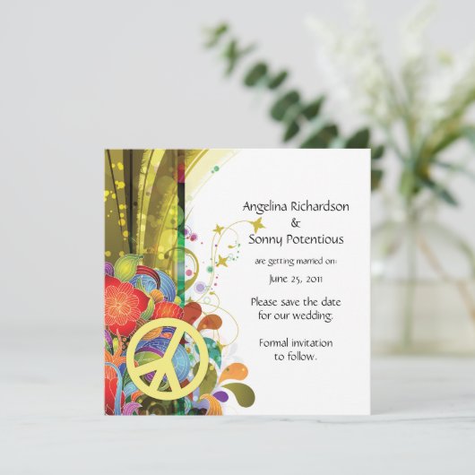 Abstracte Florals en vredesteken opslaan datum Save The Date (Staand voorkant)