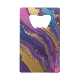 Abstracte Flow Art- Blauw Paarse Roze en Goud- Creditkaart Flessenopener