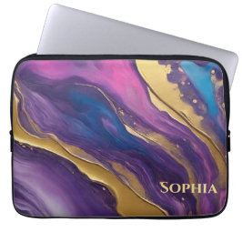 Abstracte Flow Art- Blauw Paarse Roze en Goud- Laptop Sleeve