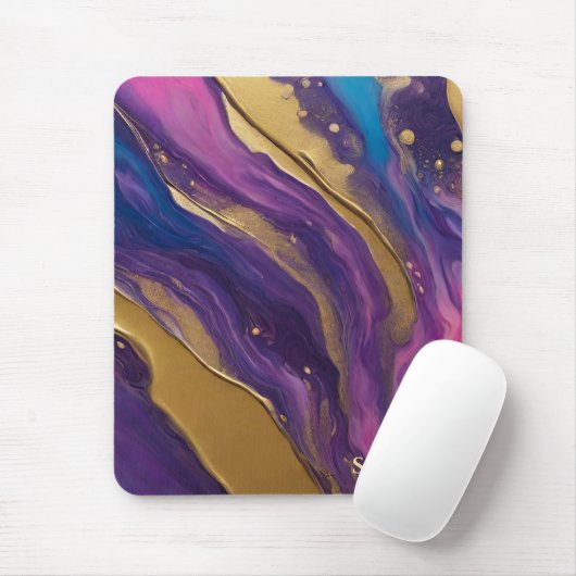 Abstracte Flow Art- Blauw Paarse Roze en Goud- Muismat (Met muis)