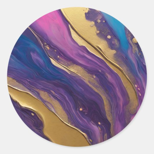 Abstracte Flow Art-Blue Paarse Roze en Goud- Ronde Sticker (Voorkant)